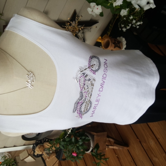 HARLEY DAVIDSON ♡ Beautiful White|Silver|Purple Embellished Bling H-D Tank Top M - Picture 5 of 14